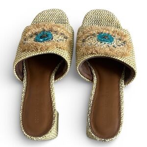 Kurt Geiger Gold/Tan Heeled Sandals with Turquoise Accents Sz 38.5